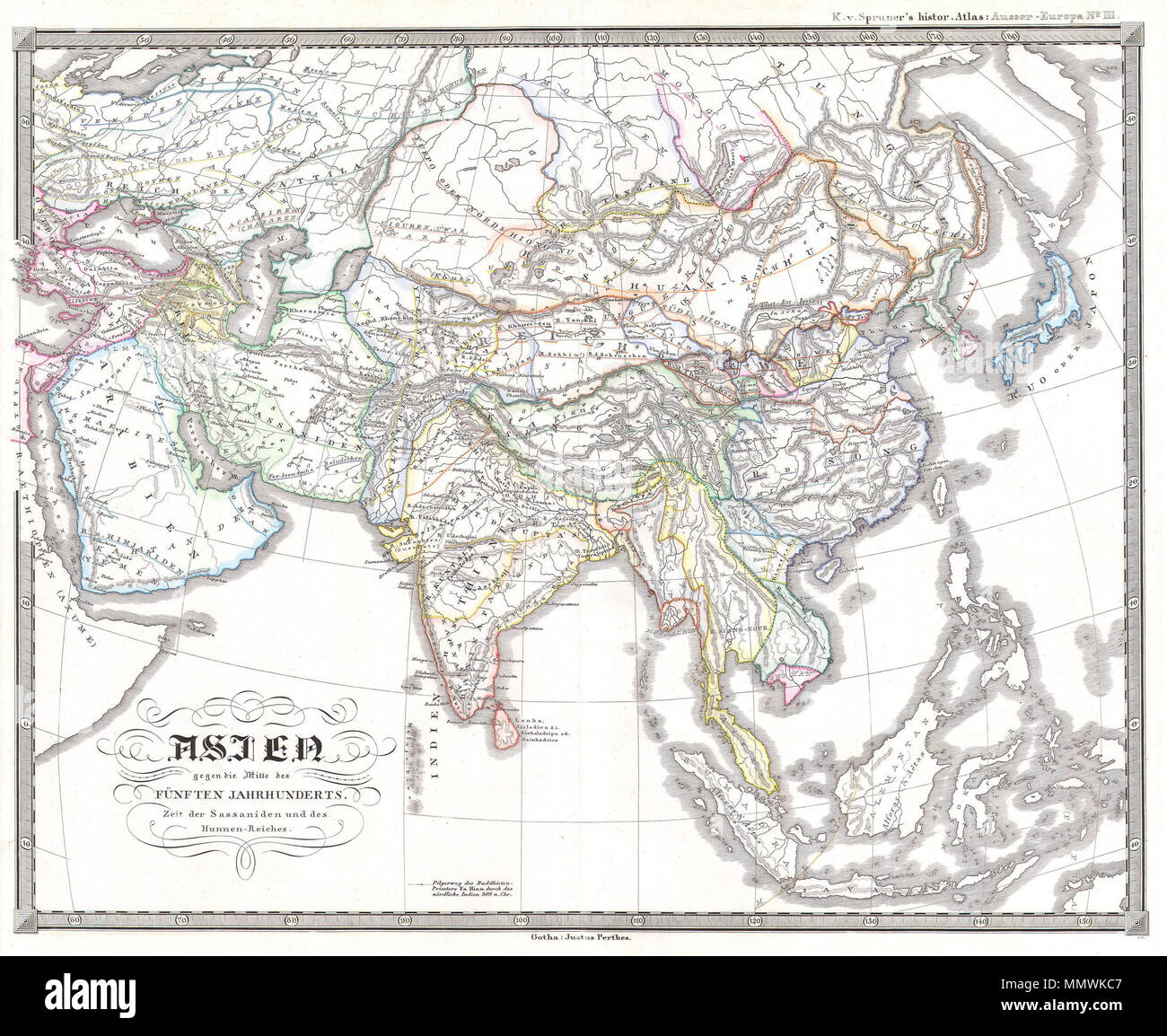 .  English: This fascinating hand colored map depicts Asia at the middle of the 5th century. This period corresponds with the period of the great Sassanid Empire and the Song dynasty of China. The Sassanid were a Zoroastrian Persian dynasty hailing from modern day Iran. All text is in German. Map was originally part of the 1855 edition of Karl von Spruner’s Historical Hand Atlas.  Asien gegen die Mitte des Funften Jahrhunderts. Zeit der Sassaniden und des Hunnen-Reiches.. 1855. 1855 Spruner Map of Asia in the 5th Century ( Sassanid Empire ) - Geographicus - AsienFunften-spruneri-1855 Stock Photo