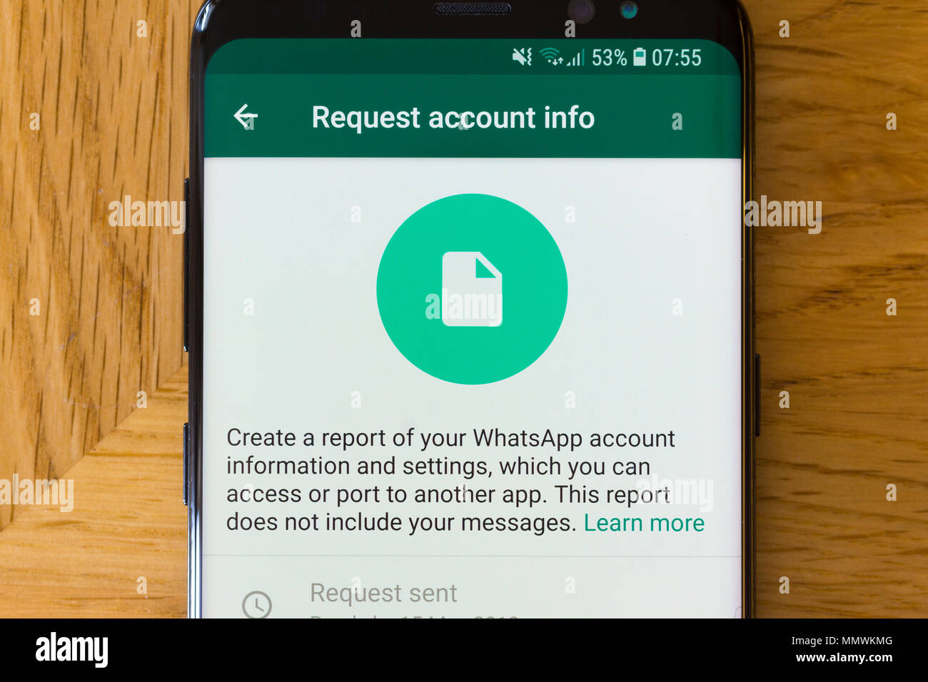 The 'Request Account Info' page for the Whatsapp app on a smartphone Stock Photo