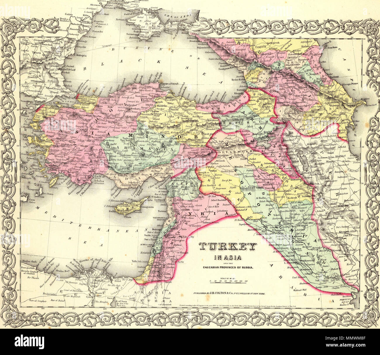 . English: Turkey In Asia And The Caucasian Provinces Of Russia. Published By J.H. Colton & Co. No. 172 William St. New York. Entered ... 1855 by J.H. Colton & Co. ... New York. No. 25  . 1856.   George Woolworth Colton  (1827–1901)    Description American cartographer  Date of birth/death 1827 1901  Authority control  : Q41103846 Colton, G.W. Turkey In Asia And The Caucasian Provinces Of Russia. 1856 (A) Stock Photo