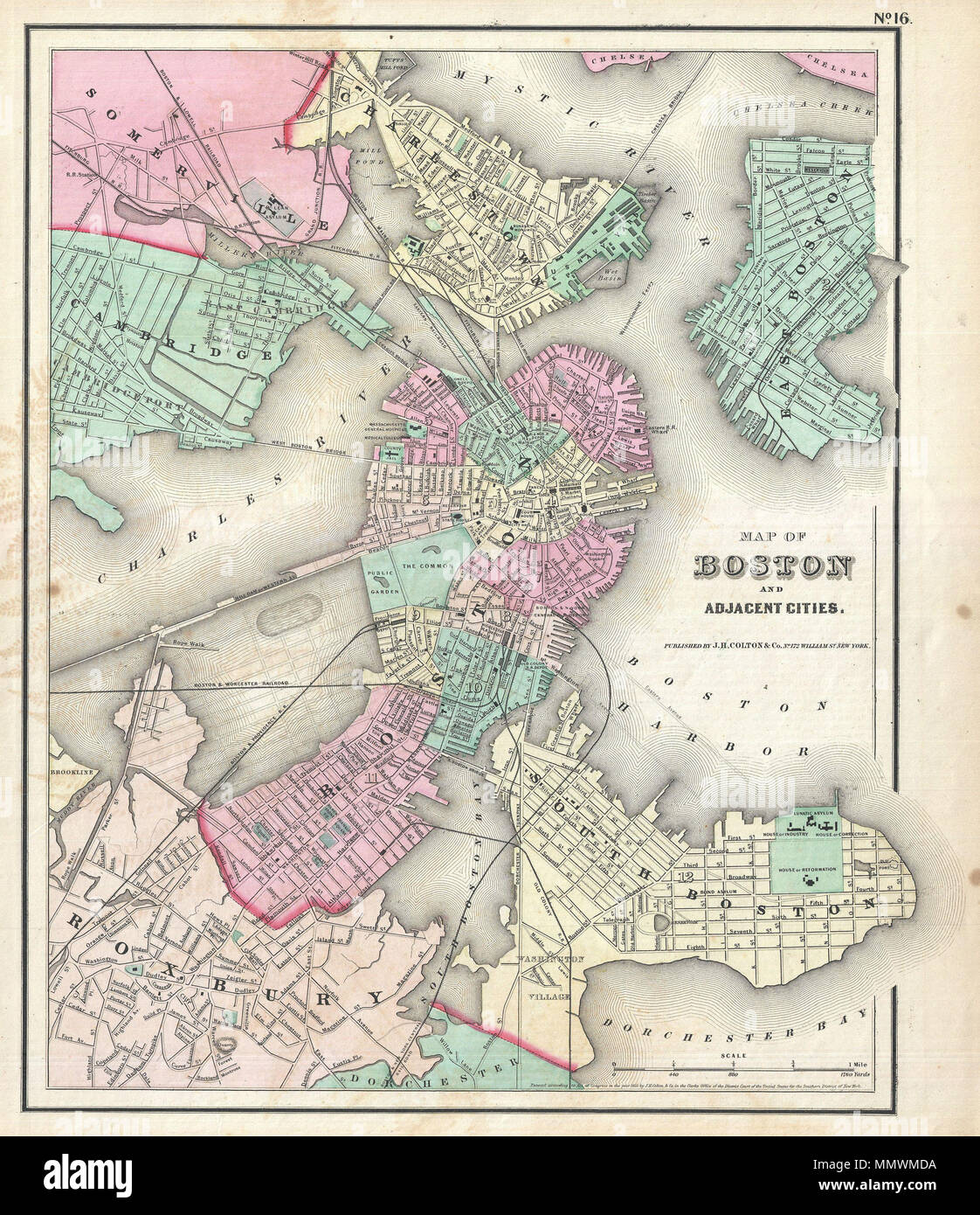 .  English: An excellent 1857 example of Colton's map of Boston, Massachusetts. Includes the surrounding communities of Cambridge, Summerville, Charleston, East Boston, South Boston and Roxbury. Hand colored in pink, green, yellow and blue pastels with considerable detail at level of individual streets and buildings. This is an exceptionally interesting and important map of Boston issued just prior to the Back Bay land reclamation projection. The street and avenue grid is ghosted-in in anticipation of this enormous urban development project. Modern residents of the Back Bay may still recognize Stock Photo