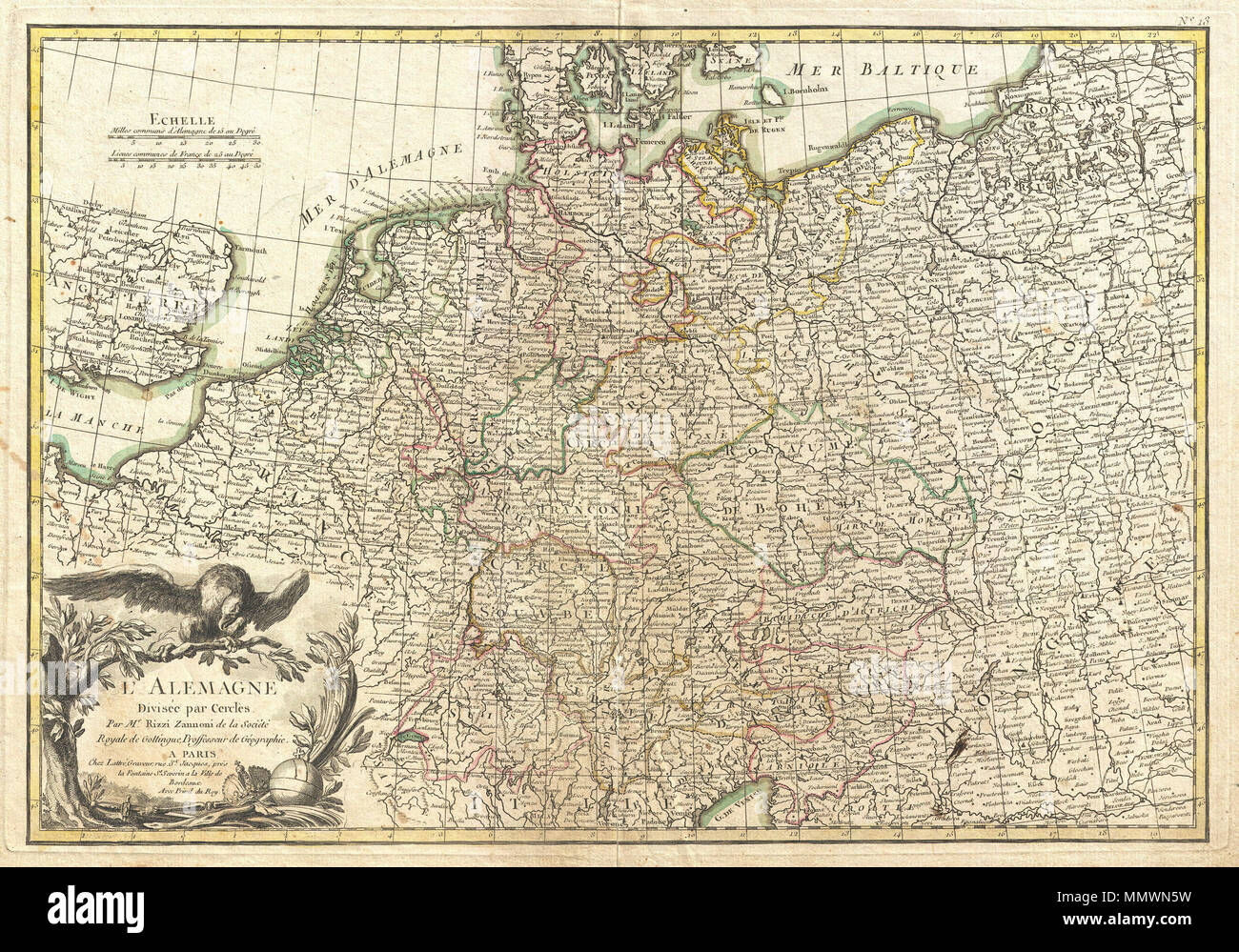 .  English: A beautiful example of Rizzi-Zannoni's decorative map of Germany. Covers from Jutland to the Gulf of Venice and from England to Poland.. Offers excellent detail throughout showing mountains, rivers, forests, national boundaries, regional boundaries, forts, and cities. A large decorative title cartouche depicting the Eagle of Deutschland appears in the lower left quadrant. Drawn by Rizzi-Zannon in 1762 for issue as plate no. 13 in Jean Lattre's 1776 edition of the Atlas Moderne .  L'Alemagne Divisee par Cercles.. 1771 (undated). 1771 Rizzi-Zannoni Map of Germany and Poland - Geograp Stock Photo