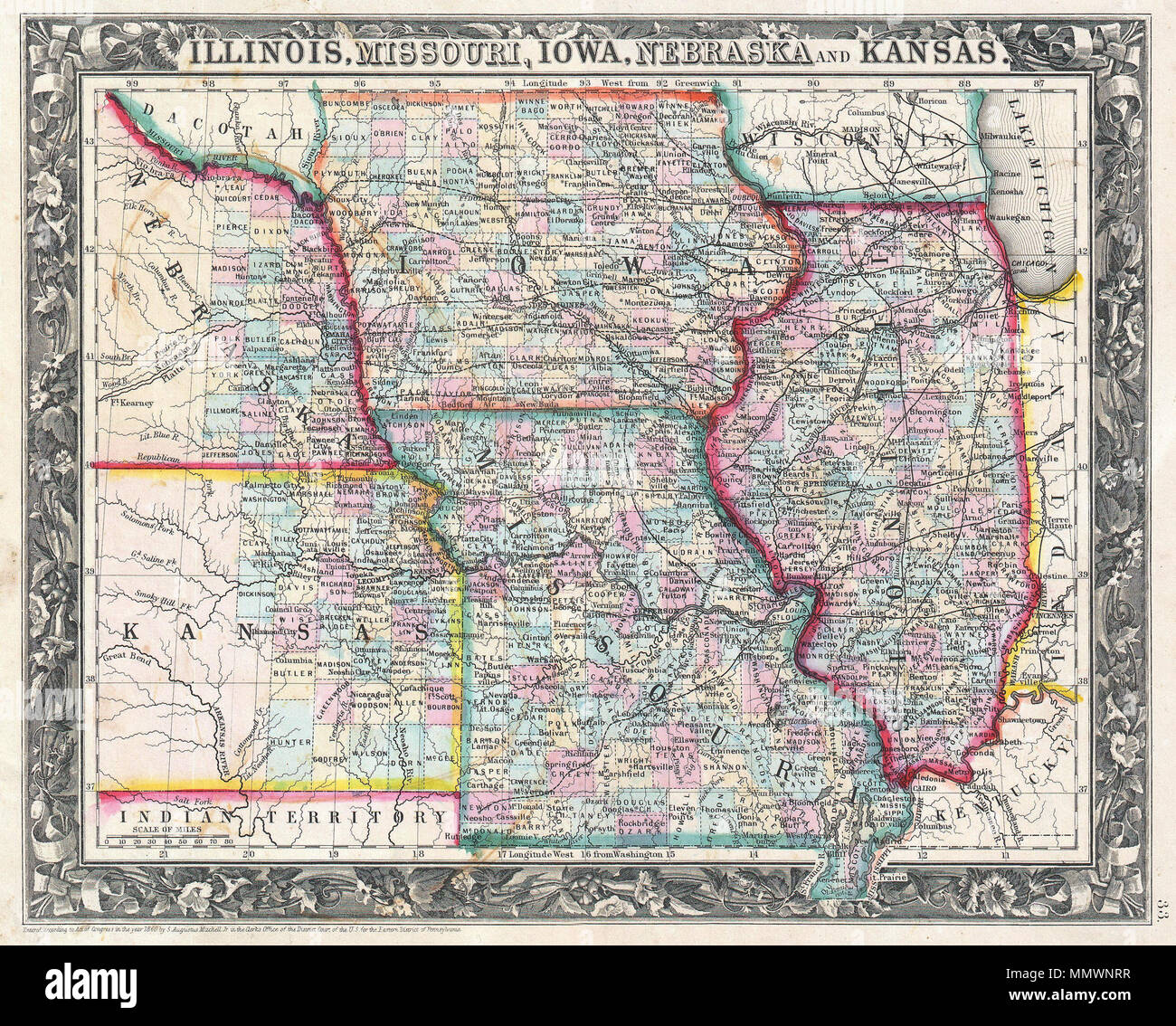 . English: A beautiful example of the first edition of S. A. Mitchell Jr.’s 1860 map of Iowa 