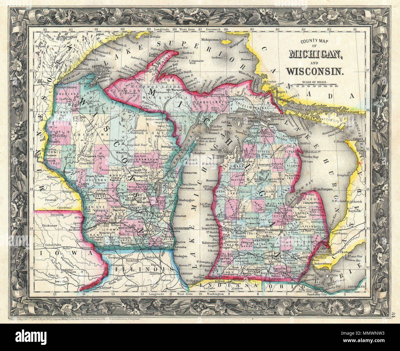 English: A beautiful example of the first edition of S. A. Mitchell's 1860  map of Michigan and Wisconsin. Depicts both states in considerable detail  with color coding at the county level.