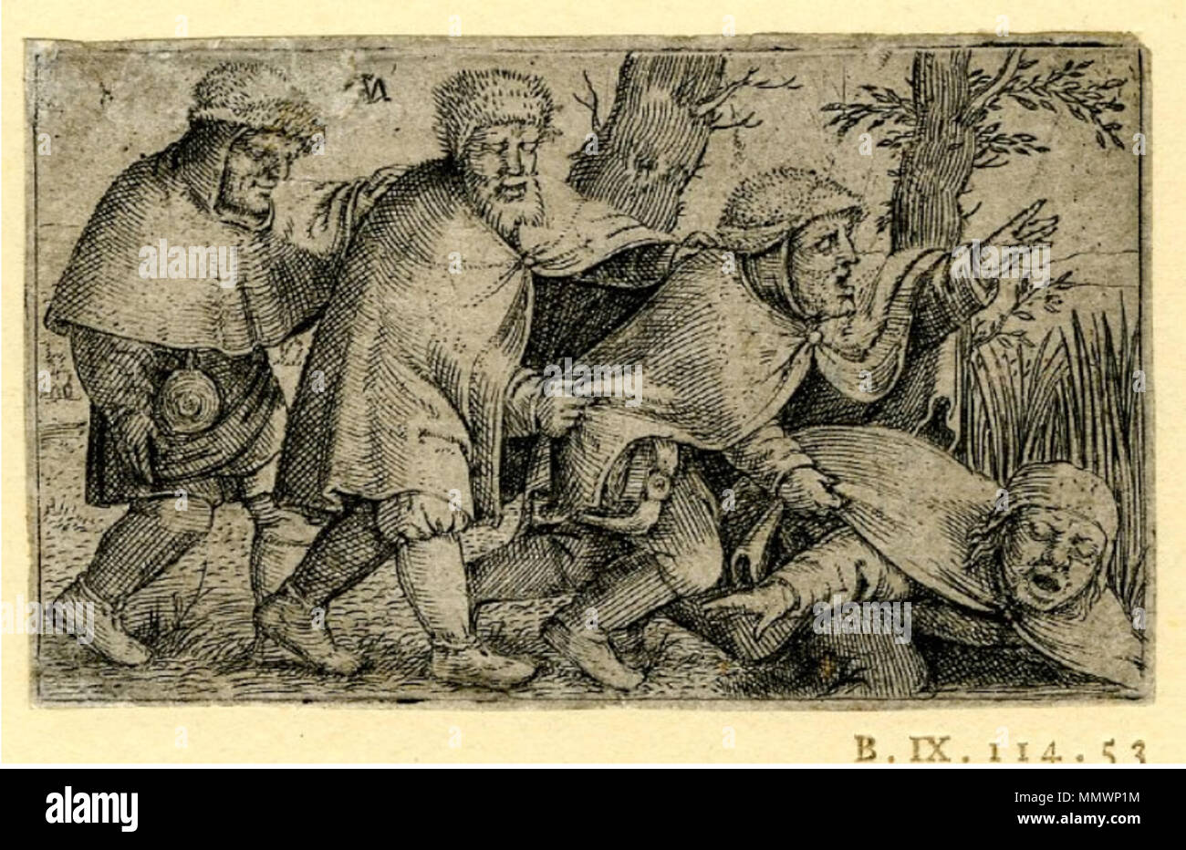 . English: Cornelis Massijs, Four blind peasants following one another in a line and the leader falling into a hole (allegory of the blind leading the blind), engraving, H: 45 millimetres, W: 76 millimetres, British Museum  . circa 1550.   Cornelis Massijs  (–1580)    Alternative names Cornelis Massys, Cornelis Matsijs, Cornelis Matsys, Cornelis Messijs, Cornelis Messys, Cornelis Metsijs, Cornelis Metsys  Description Flemish painter, draughtsman and printmaker  Date of birth/death circa 1510-1511 circa 1556-1557  Location of birth Antwerp  Work location Antwerp (1531)  Authority control  : Q21 Stock Photo