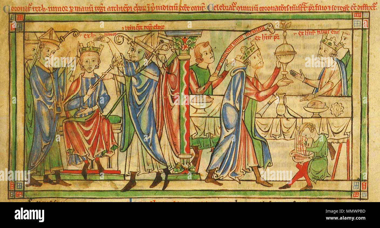 .  English: Left: Coronation of Henry the Young King by the Archbishop Roger of York (14 June 1170) Right: Henry II serves his son at the coronation feast. (The occasion inspired a famous anecdote about the banquet. Henry II wanted to serve his son in person. He approached the dias carrying what was with all probability the wild boar's head (the chief decoration of the high table, usual crowning of Christmas feasts and other festive dinners of the nobility) saying that it was not every day that a prince was served by a king. His freshly crowned son replied that it was nothing unusual for the s Stock Photo