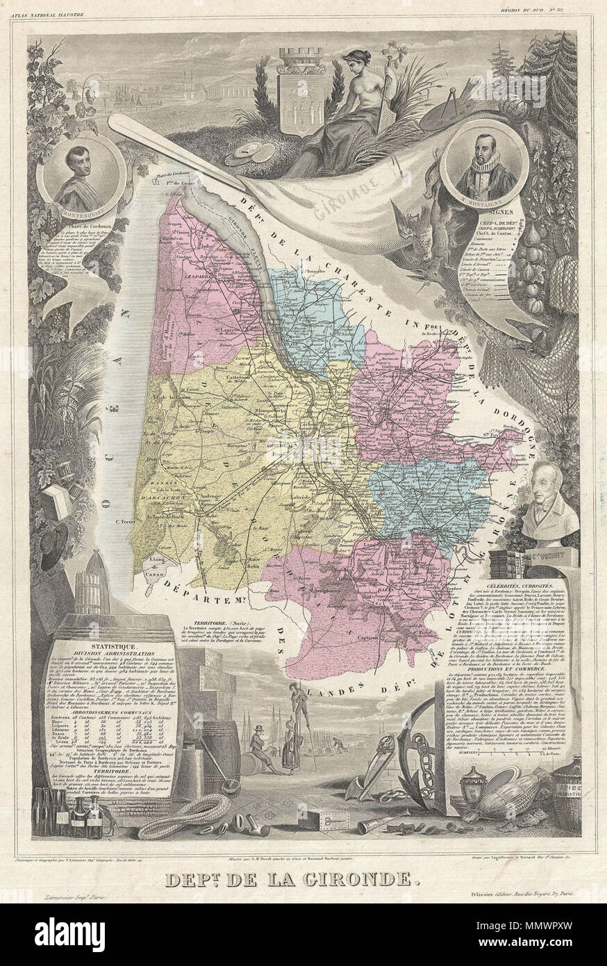 .  English: This is a fascinating 1861 map of the French department of Gironde. This coastal department is the seat of the Bordeaux wine region and produces many of the world's finest reds. Shows numerous vineyards and chateaux. The whole is surrounded by elaborate decorative engravings designed to illustrate both the natural beauty and trade richness of the land. There is a short textual history of the regions depicted on both the left and right sides of the map. Published by V. Levasseur in the 1861 edition of his Atlas National de la France Illustree.  Dept. de la Gironde.. 1861 (undated).  Stock Photo