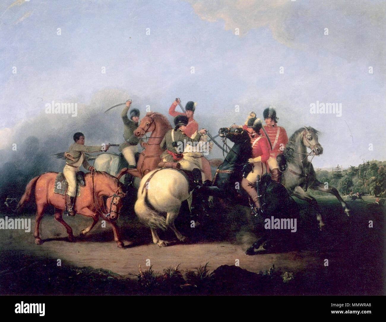 . English: The Battle of Cowpens, painted by William Ranney in 1845. The scene depicts an unnamed black soldier (left) firing his pistol and saving the life of Colonel William Washington (on white horse in center).  . 1845.   William Ranney  (1813–1857)     Alternative names William Tylee Ranney; William S. Ranney; wm ranney; william t. ranney; william Ranney  Description American painter  Date of birth/death 9 May 1813 18 November 1857  Location of birth/death Middletown Union City  Authority control  : Q8017370 VIAF:?62627907 ISNI:?0000 0000 6683 6266 ULAN:?500011660 LCCN:?nr92003145 GND:?12 Stock Photo