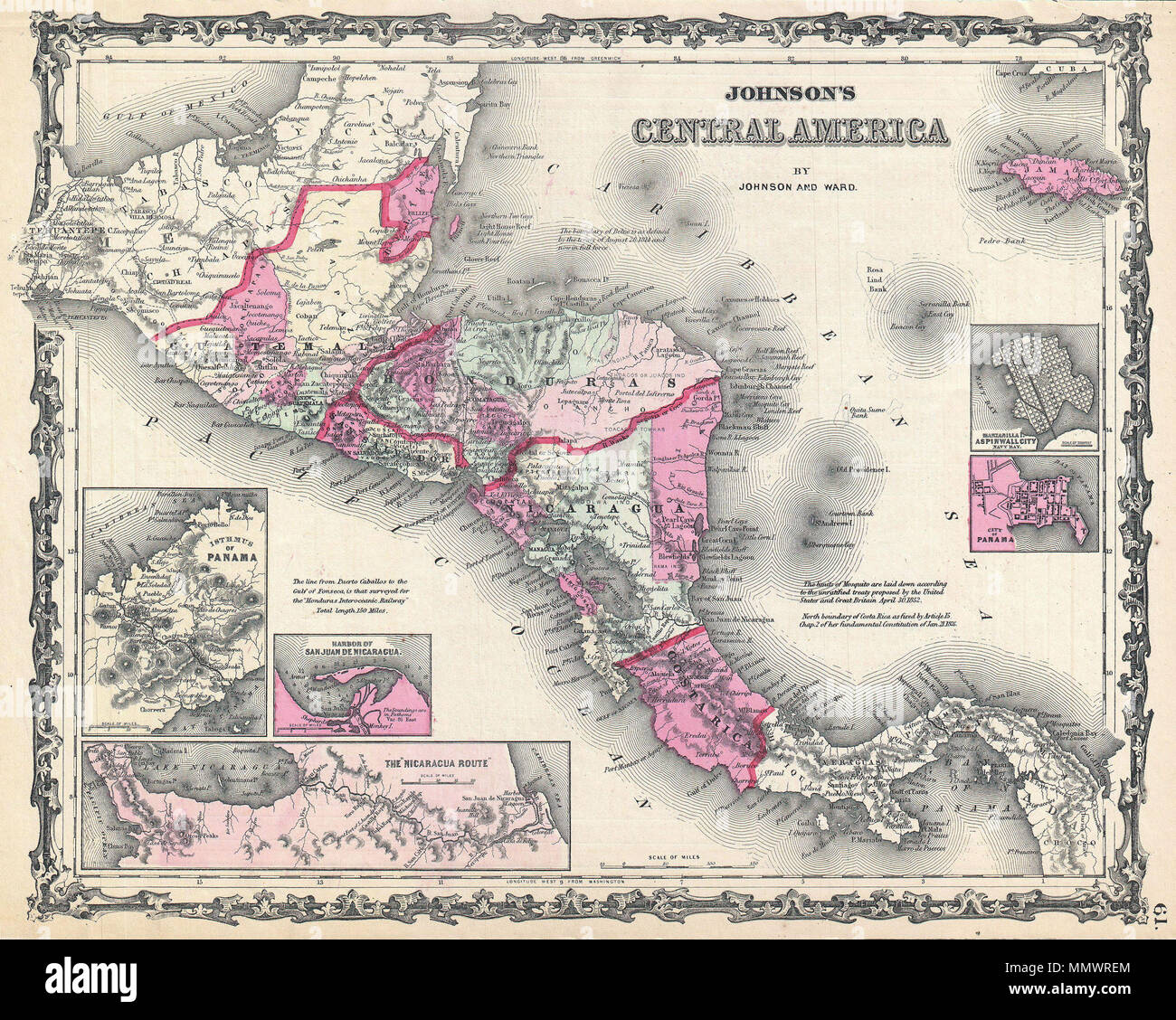 .  English: This is A. J. Johnson and Ward’s 1862 map of Central America. Covers Central America from the Isthmus of Tehuantepec, Mexico to the Bay of Panama. Shows the countries of Guatemala, Honduras, El Salvador, Nicaragua, and Costa Rica. Jamaica appears in the upper right corner. Shows proposed roadways, cities, rivers, and ferry crossings. The lower left hand quadrant features three inset maps. In a clockwise fashion from top left these detail the Isthmus of Panama, the Nicaragua Route to the Pacific, and the Harbor of San Juan de Nicaragua. Two additional insets on the right hand side o Stock Photo