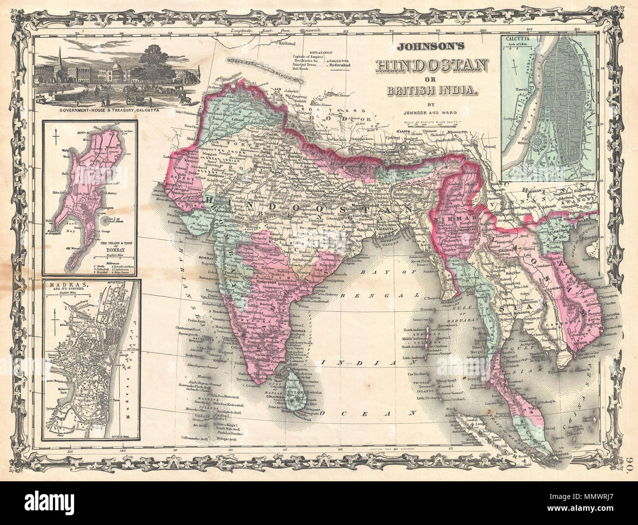 .  English: A very nice example of A. J. Johnson’s 1862 map of India and Southeast Asia. Covers from the Mouths of the Indus River eastward to include all of India, Burma, Siam (Thailand), Laos, Cambodia, Malaysia (Malacca) and Vietnam (Tonquin and Chochin). Also includes parts of Nepal, China, Bhutan, Sumatra and Ceylon (Sri Lanka). Offers color coding according to country and region as well as notations regarding roadways, cities, towns, and river systems. Three inset maps focus on the Island of Bombay (Mumbai), Madras, and Calcutta. An view of the Government House and Treasury in Calcutta a Stock Photo