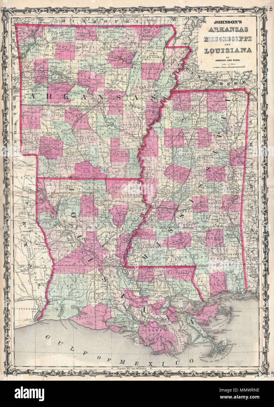 Map Of Arkansas And Mississippi English: A Beautiful Example Of A. J. Johnson's 1862 Map Of Arkansas,  Louisiana, And Mississippi. This Rare Map Offers A Fascinating Snapshot Of  These Secessionist States Shortly Following The Outbreak Of