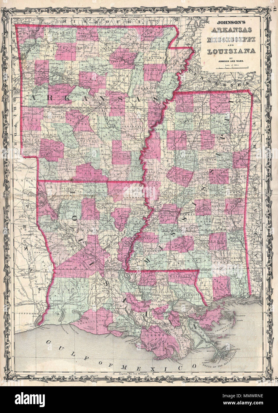 New Rail Road and County Map of Arkansas, Louisiana & Mississippi