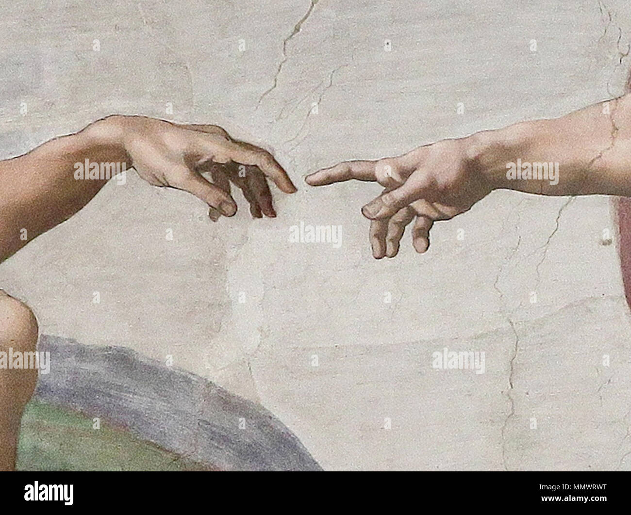 . Creation of Adam, hands in detail  The Creation of Adam. Renaissance. Creation of Adam (Michelangelo) Detail Stock Photo