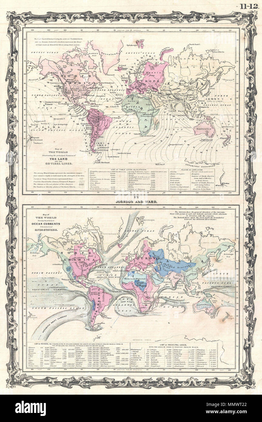 .  English: This is one of the thematic world map sets from the rare 1862 edition of Johnson and Ward's Illustrated Atlas Family Atlas . Features two maps drawn within a single border. The upper map depicts the world’s co-tidal lines with notations regarding world table lands and lowlands. The lower map very attractively displays the important ocean currents. Shading in the landmasses show the influence of various river systems. Features the strapwork style border common to Johnson’s atlas work from 1860 to 1863. Published by A. J. Johnson and Ward as plate numbers 9 - 10 in the 1862 edition o Stock Photo