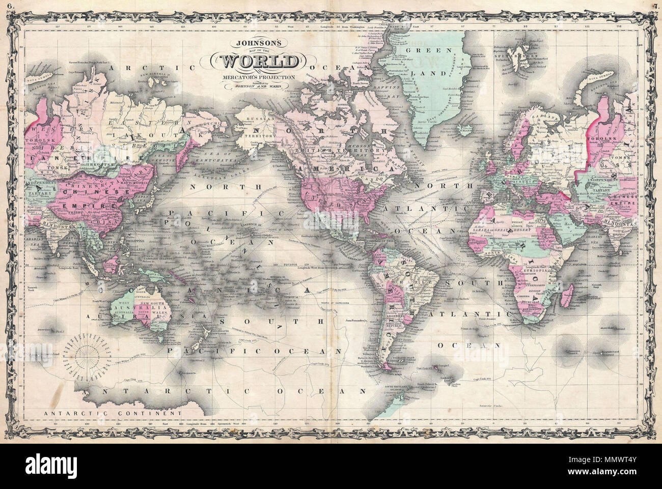 .  English: This is A. J. Johnson’s fine 1862 map of the world on Mercator’s Projection. Depicts the entire world centered on North and South America. Offers a fascinating snapshot of the world during a period of rapid globalization and discovery. Africa is largely “unexplored” and both Lake Victoria and Lake Tanganyika have yet to appear. The Antarctic continent is shown only sketchily, representing the relatively primitive state of Antarctic exploration in 1862. Shows the path of important explorers including Cook and Wilkes. Also notes several ship routes between America and Europe as well  Stock Photo