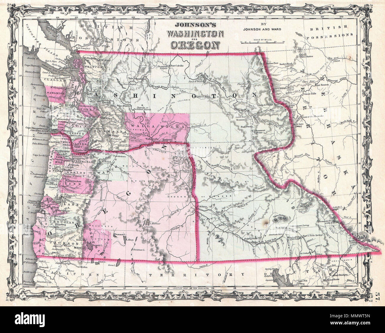 English: A beautiful example of A. J. Johnson's 1862 map of Washington and  Oregon. This rare map offers a fascinating snapshot of this region shortly  following the outbreak of the American, image size:1300x1123