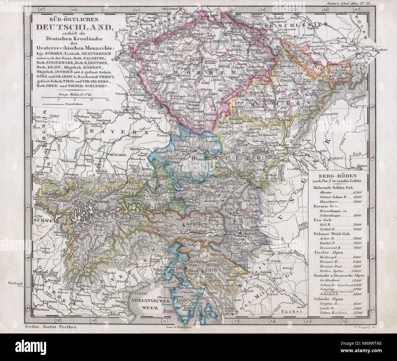 .  English: This fascinating 1862 map by Justus Perthes and Stieler depicts Bohemia (modern day Czech Republic) and Austria. Unlike other cartographic publishers of the period, the Justus Perthes firm, did not transition to lithographic printing techniques until the early 1870s. Instead, all of his maps are copper plate engravings and hence offer a level of character and depth of detail that was impossible to find in lithography or wax-process engraving. All text in German. Issued in the 1862 edition of Stieler’s Schul-Atlas.  Sud-ostliches Deutschland.. 1862. 1862 Perthes Map of Bohemia and A Stock Photo