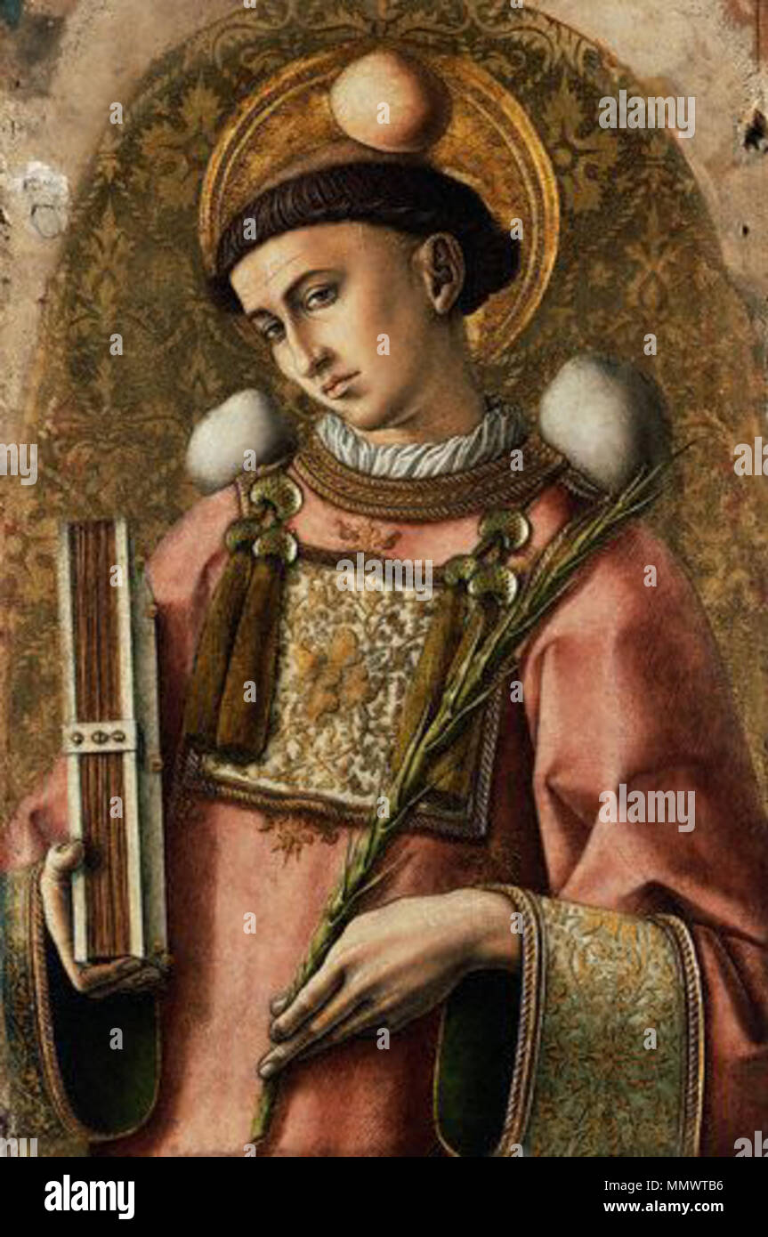 .  English: The objects around St. Stephen's head and body are depictions of the rocks, which were used to kill him.  St. Stephen from The Demidoff Altarpiece. 1476. St-stephen Stock Photo
