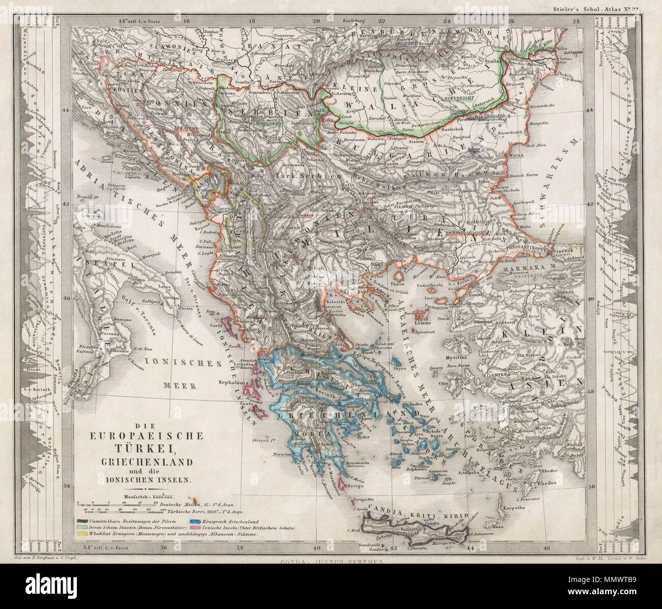 .  English: This fascinating 1862 map by Justus Perthes and Stieler depicts Greece, the Balkans, parts of Turkey, and the islands of the Adriatic as far south as Crete or Candia. Extends as far north as Croatia, Bosnia, Serbia, Bulgaria, Rumania and Macedonia. In a cartographic flourish unique to Perthes, elevation profile charts decorate the right and left borders of the map. Unlike other cartographic publishers of the period, the Justus Perthes firm, did not transition to lithographic printing techniques until the early 1870s. Instead, all of his maps are copper plate engravings and hence of Stock Photo