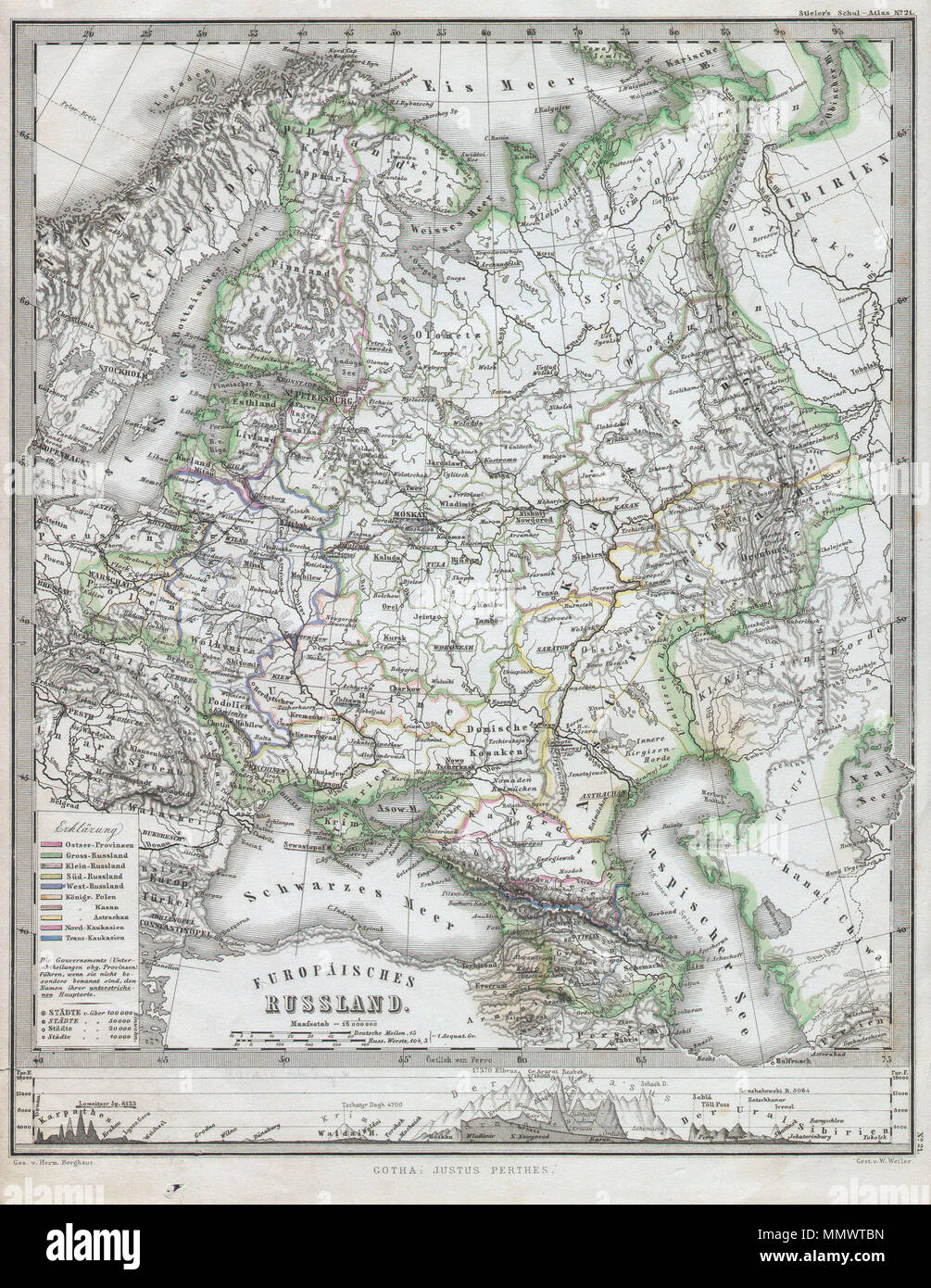 .  English: This fascinating 1862 map by Justus Perthes and Stieler depicts the European part of Russia. In a cartographic flourish unique to Perthes, the bottom of the map is adorned with a elevation profile chart. Unlike other cartographic publishers of the period, the Justus Perthes firm, did not transition to lithographic printing techniques until the early 1870s. Instead, all of his maps are copper plate engravings and hence offer a level of character and depth of detail that was impossible to find in lithography or wax-process engraving. All text in German. Issued in the 1862 edition of  Stock Photo