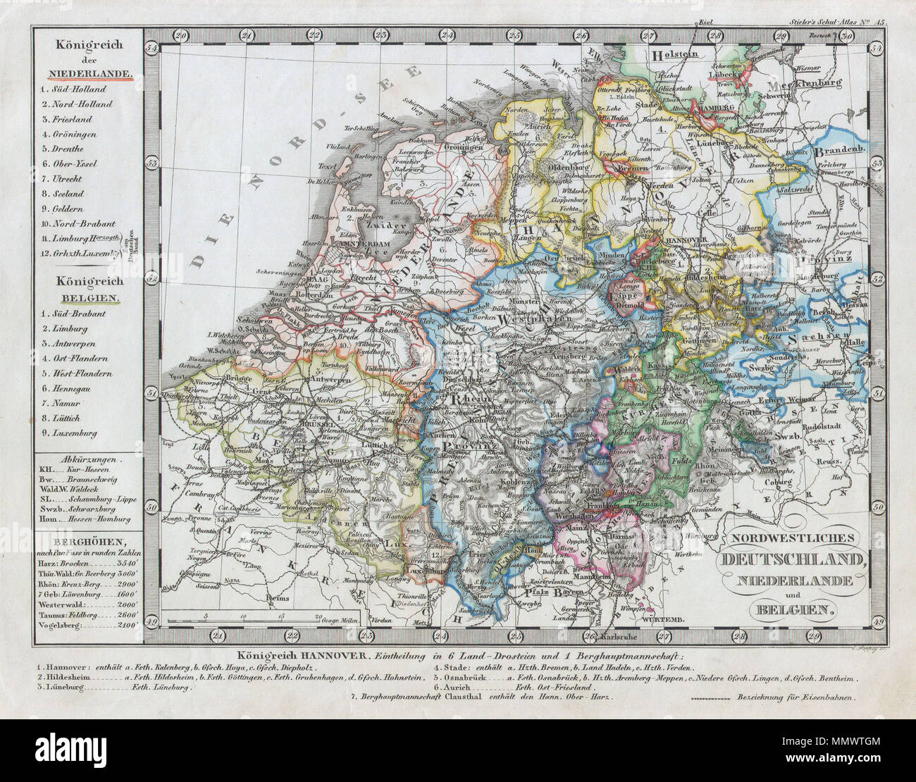 .  English: This fascinating 1862 map by Justus Perthes and Stieler depicts Holland (the Netherlands) and Belgium as well as parts of western Germany. Statistical information to the bottom and left of the map proper. Unlike other cartographic publishers of the period, the Justus Perthes firm, did not transition to lithographic printing techniques. Instead, all of his maps are copper plate engravings and hence offer a level of character and depth of detail that was impossible to find in lithography or wax-process engraving. All text in German. Issued in the 1862 edition of Stieler’s Schul-Atlas Stock Photo