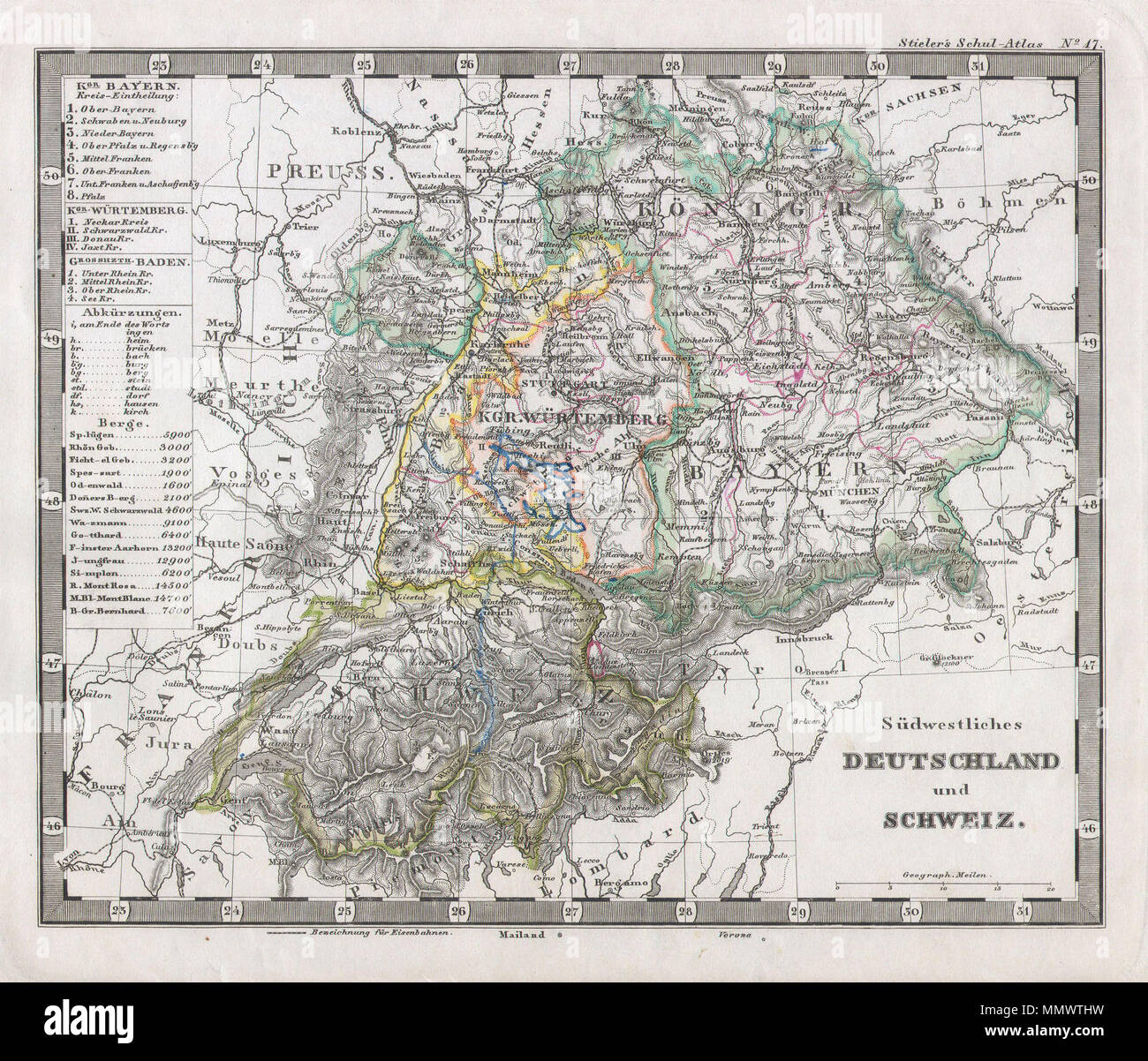 .  English: This fascinating 1862 map by Justus Perthes and Stieler depicts Switzerland and the states of southwestern Germany. Unlike other cartographic publishers of the period, the Justus Perthes firm, did not transition to lithographic printing techniques until the early 1870s. Instead, all of his maps are copper plate engravings and hence offer a level of character and depth of detail that was impossible to find in lithography or wax-process engraving. All text in German. Issued in the 1862 edition of Stieler’s Schul-Atlas.  Sudwestliches Deutschland und Schweiz.. 1862. 1862 Stieler Map o Stock Photo