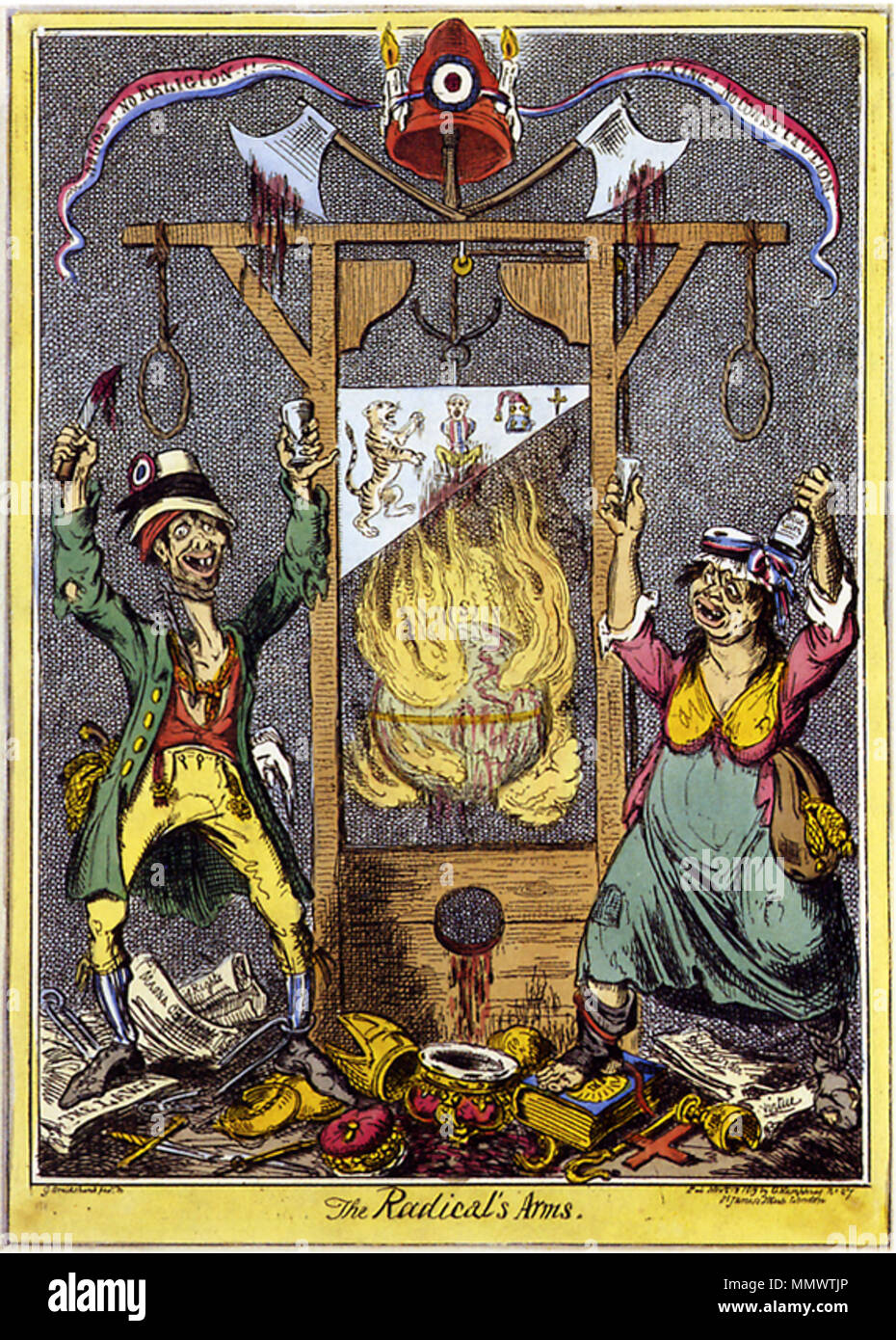 .  English: Caricature by George Cruikshank. The tricolor ribbon is inscribed 'No God! No Religion! No King! No Constitution!' Below the ribbon, and its Phrygian cap with tricolor cockade, are two bloody axes, attached to a guillotine, whose blade is suspended above a burning globe. An emaciated man and drunken woman dressed in ragged clothes serve as heraldic 'supporters', gleefully dancing on discarded royal and clerical regalia... Português: Caricatura por George Cruikshank. A faixa tricolor possui a inscrição 'Sem Deus! Sem Religião! Sem Rei! Sem Constituição!' Abaixo da fita, e seu barret Stock Photo