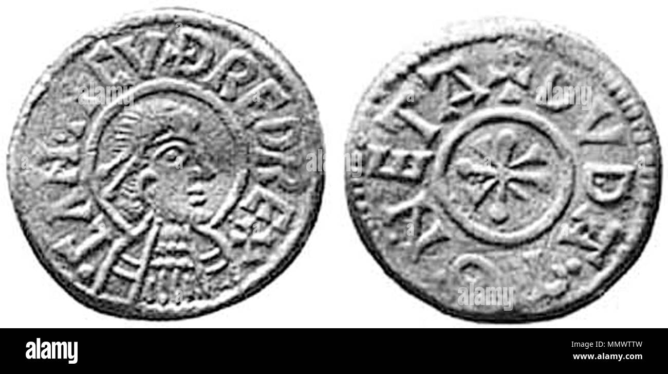 . English: Coin of Cuthred, King of Kent in 798-807, minted 804-807 in Canterbury. EMC number 1963.0018 (Ref: BLS Cd 15g); Type: N 211 (Cuthred; portrait; rev. cross [Cross-and-Wedges]); Mint: Canterbury, moneyer uncertain [Duda?]; Weight: 1.17g; Findspot: Hertfordshire, England; Obv. + CVÐRED REX / CANT Rev. + DVDA MONETA Literature: C. E. Blunt, C. S. S. Lyon, and B. H. I. H. Stewart, 'The Coinage of Southern England, 796-840', British Numismatic Journal 32 (1963), pp. 1-74, coin no. Cd 15g. Edward Hawkins, The silver coins of England (1841), plate 4 no. 53.  Deutsch: Münze von Cuthred, Köni Stock Photo