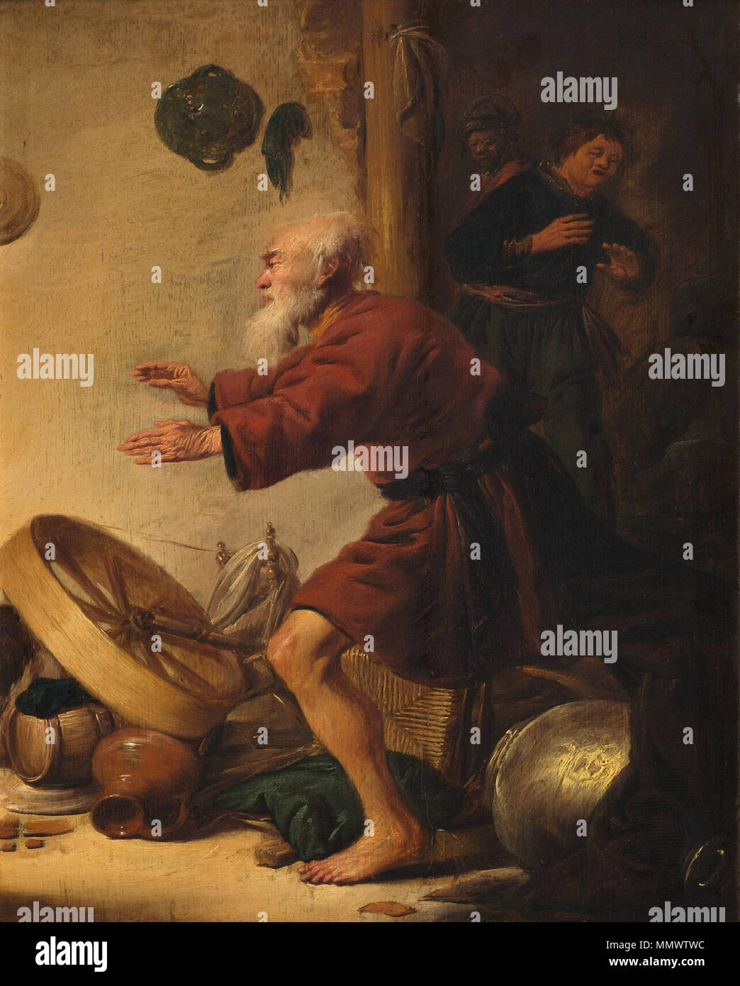 . Hands forward, step by step, Tobit struck by blindness tries to find his way. Accidentally he has knocked over a chair. A spinning wheel is falling. Broken pottery is scattered on the floor. In this painting Cuyp shows the frailty of the old man. The detailed rendering of his head and his wrinkly hands make him very human en recognisable.  The Blind Tobit. Circa 1630. Benjamin Gerritsz. Cuyp 003 Stock Photo
