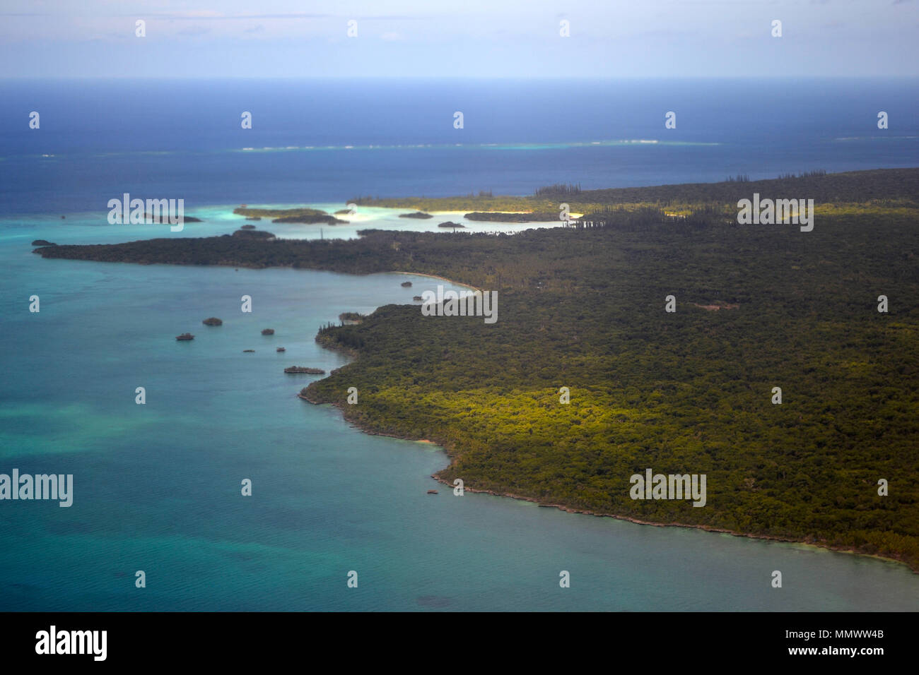 Aerial view of the coastline at the Isle of Pines, New Caledonia, South Pacific Stock Photo