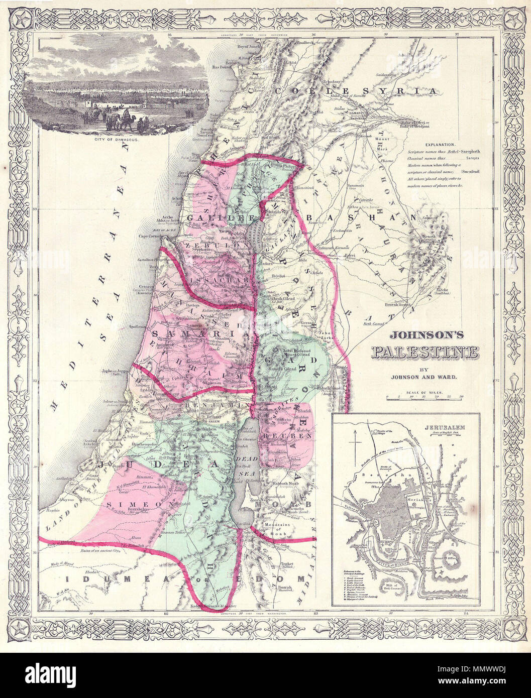 .  English: This is a beautiful hand colored map of Israel, Palestine, or the Holy Land. Map details cities, roads, biblical and historical sites with color coding at the regional level. Where appropriate alternate place names taken from the Arabic are noted. Topography shown by hachure. An inset map of Jerusalem appears in the lower right quadrant with all principal buildings noted. The upper left quadrant features an engraved view of Damascus. Features the fretwork style border common to Johnson’s atlas work from 1864 to 1869. Published by A. J. Johnson and Ward as plate no. 93 in the 1864 e Stock Photo