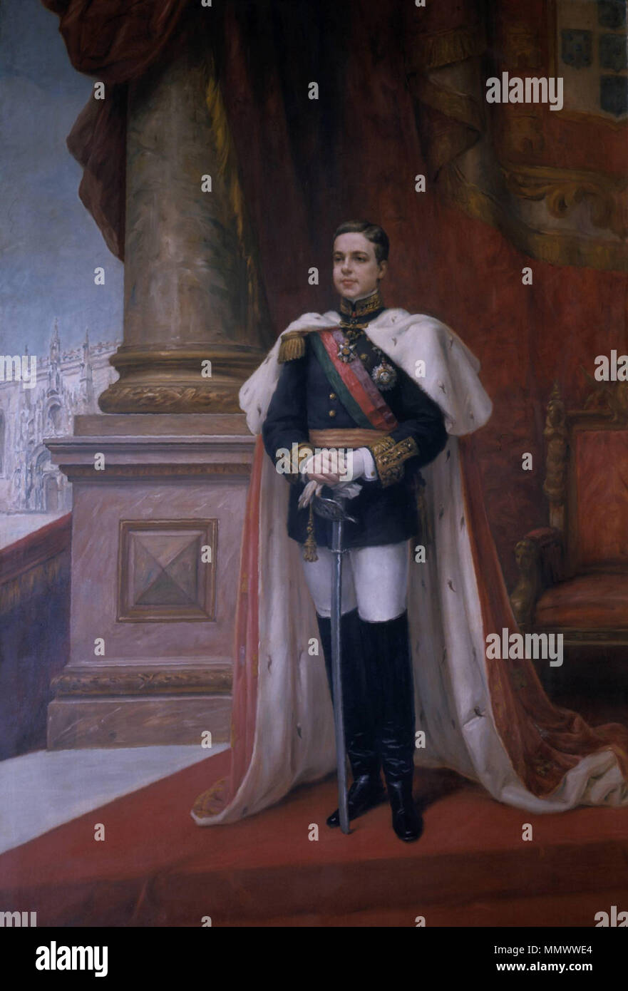 . English: Portrait of King Manuel II of Portugal, in Lisbon Town Hall (1908), by Veloso Salgado. Português: Retrato de D. Manuel II, nos Paços do Concelho de Lisboa (1908), por Veloso Salgado. D. Manuel II (1908) - Veloso Salgado Stock Photo