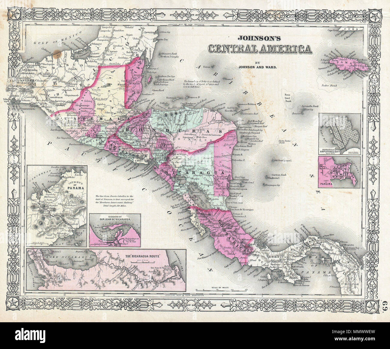 .  English: This is A. J. Johnson and Ward’s 1864 map of Central America. Covers Central America from the Isthmus of Tehuantepec, Mexico to the Bay of Panama. Shows the countries of Guatemala, Honduras, El Salvador, Nicaragua, and Costa Rica. Jamaica appears in the upper right corner. Shows proposed roadways, cities, rivers, and ferry crossings. The lower left hand quadrant features three inset maps. In a clockwise fashion from top left these detail the Isthmus of Panama, the Nicaragua Route to the Pacific, and the Harbor of San Juan de Nicaragua. Two additional insets on the right hand side o Stock Photo