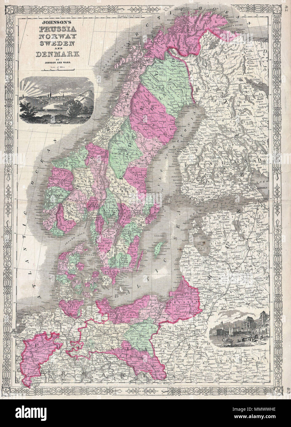 .  English: This is A. J. Johnson and Ward’s 1864 map of Scandinavia. Depicts all of Sweden, Norway, Finland, Denmark and Prussia, as well as parts of Estonia, Latvia and Lithuania. There are two decorative city views, Stockholm in the upper left quadrant and Cologne in the lower right. Features the fretwork border common to Johnson’s atlas maps from 1864 to 1869. Steel plate engraving prepared by A. J. Johnson for publication as page nos.  Johnson's Prussia Norway Sweden and Denmark.. 1864 (undated). 1864 Johnson Map of Scandinavia ( Norway, Sweden, Denmark, Prussia) - Geographicus - Scandina Stock Photo