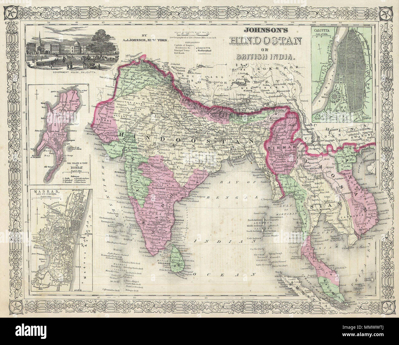 .  English: A very nice example of A. J. Johnson’s 1864 map of India and Southeast Asia. Covers from the Indus River eastward to include all of India, Burma, Siam (Thailand), Laos, Cambodia, Malaysia (Malacca) and Vietnam (Tonquin and Chochin). Also includes parts of Pakistan, Nepal, China, Bhutan, Sumatra and Ceylon (Sri Lanka). Offers color coding according to country and region as well as notations regarding roadways, cities, towns, and river systems. Three inset maps focus on the Island of Bombay (Mumbai), Madras, and Calcutta. An view of the Government House and Treasury in Calcutta adorn Stock Photo