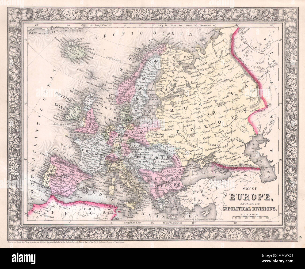 .  English: A beautiful example of S. A. Mitchell Jr.’s 1864 map of Europe. Depicts all of Europe including Iceland. Extends eastwards as far as the Ural Mountains and southward to include parts of North Africa and Turkey. Denotes both political and geographical details. One of the most attractive American atlas maps of this region to appear in the mid 19th century. Features the floral border typical of Mitchell maps from the 1860-65 period. Prepared by W. Williams for inclusion as plate no. 64 in the 1864 issue of Mitchell’s New General Atlas . Dated and copyrighted, “Entered according to Act Stock Photo