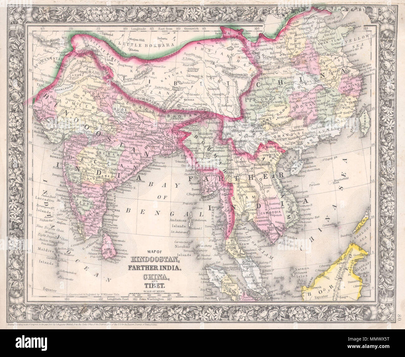 English A beautiful example - English A Beautiful Example Of S A Mitchell Jrs 1864 Map Of The India Tibet China And Southeast Asia Including Burma Thailand Cambodia And Vietnam Covers The Region In Considerable Detail With Parts Of Malaysia Sumatra And Borneo Included One Of The Most Attractive American Atlas Maps Of This Region To Appear In The Mid 19th Century Features The Floral Border Typical Of Mitchell Maps From The 1860 65 Period Prepared By W Williams For Inclusion As Plate 80 In The 1864 Issue Of Mitchells New General Atlas Dated And Copyrighted Entered According To Act Of Congress In The MMWX5T 