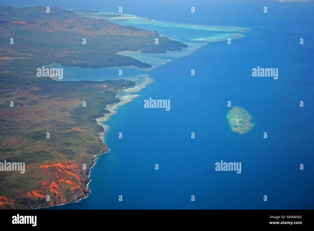Aerial view of the coastline around Port-Boise Bay and Goro Bay, New Caledonia, South Pacific Stock Photo