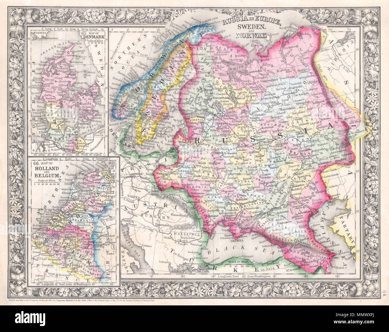 .  English: A beautiful example of S. A. Mitchell Jr.’s 1864 map of Russia, Norway, Sweden, Holland Belgium and Denmark. Maps of Denmark, Holland and Belgium relegated in insets on the left hand side of the map. Denotes both political and geographical details. Extends as far south and west as the boot of Italy and as far east as the Caspian Sea and the Gulf of Obi. One of the most attractive American atlas maps of this region to appear in the mid 19th century. Features the floral border typical of Mitchell maps from the 1860-65 period. Prepared by S.A. Mitchell for inclusion as plate no. 64 in Stock Photo