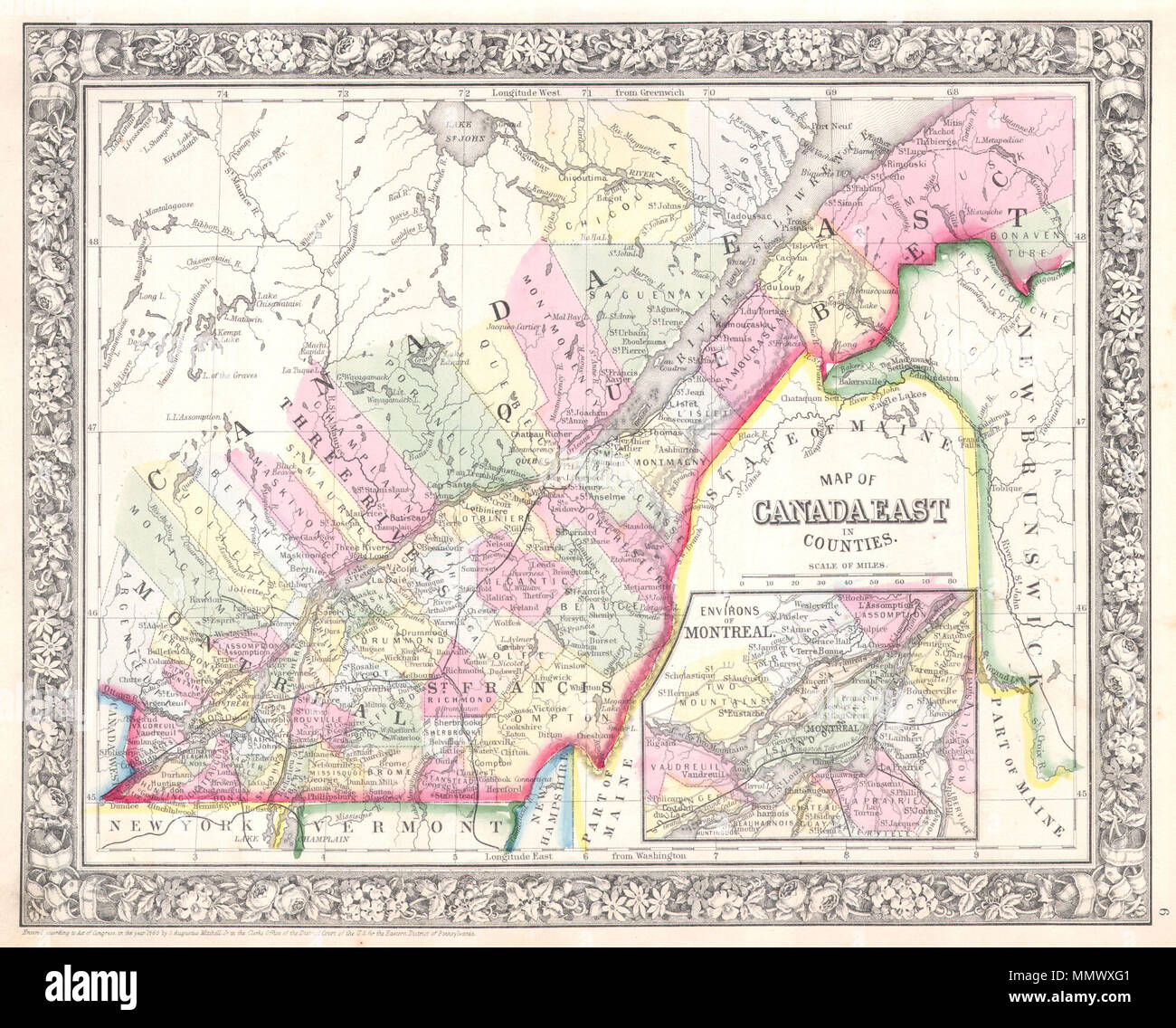 Map Of Canada 1860 English: A Beautiful Example Of S. A. Mitchell Jr.'s 1864 Map Of Canada  East, Or As It Is Now Known, Quebec. Detailed To The County Level With  Special Attention Both Political