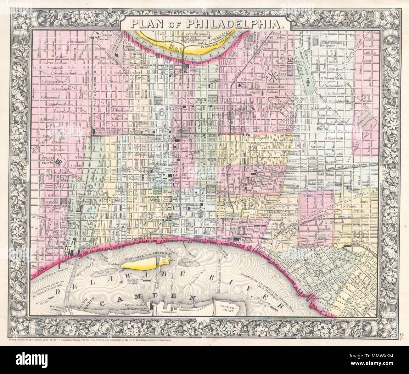 .  English: A beautiful example of S. A. Mitchell Jr.’s 1864 map of Philadelphia, Pennsylvania. Depicts the city of Philadelphia along with parts Camden. Offers wonderful detail at the street level including references to the individual buildings, trains, canals, and roads. Colored coded with pastels according to city wards. Nice detail in the Delaware River notes ferry crossings, sand bars, currents, and the steamboat routes. Surrounded by the attractive floral border common to Mitchell atlases between 1860 and 1865. One of the more attractive atlas maps of Philadelphia to appear in the mid 1 Stock Photo