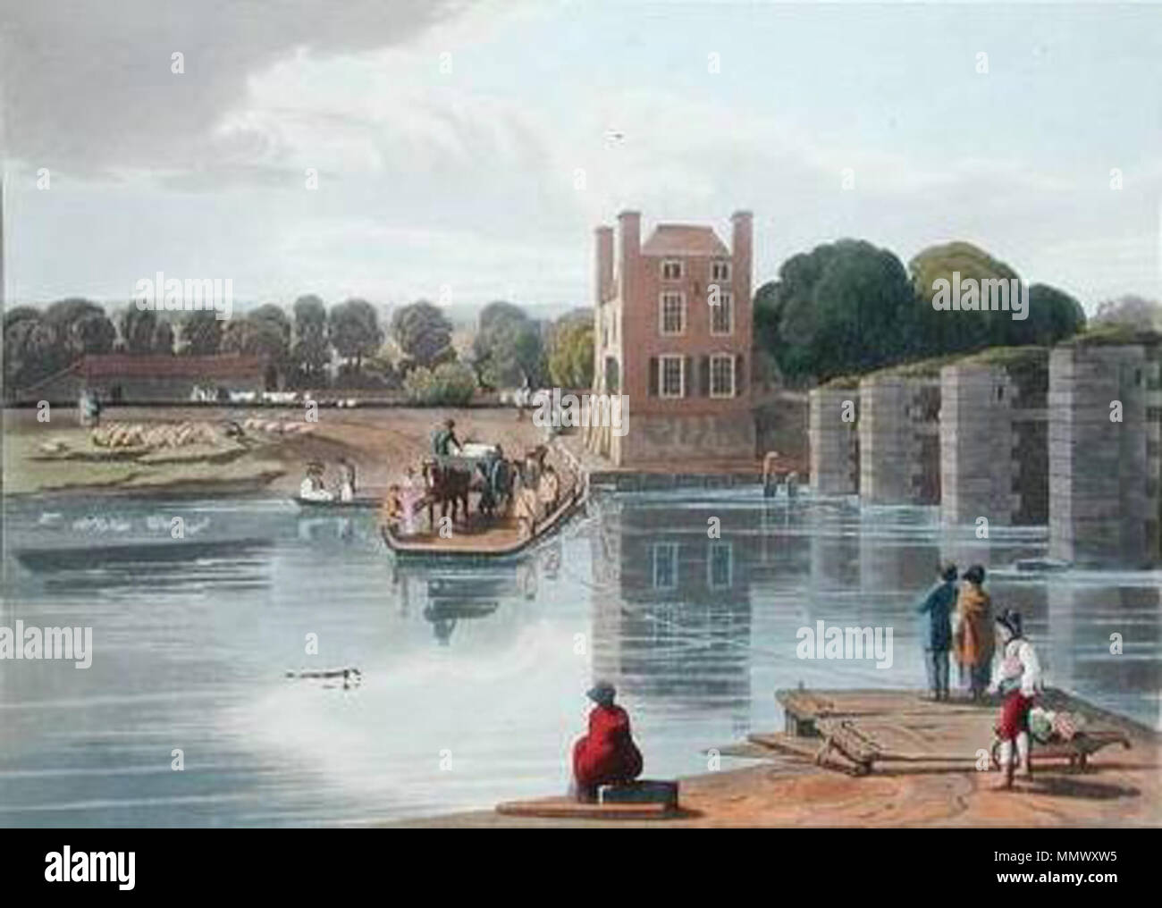 . English: The ferry across the Thames at Datchet Berkshire showing the remains of the old bridge just prior to its rebuilding in 1812.  . 1811. Robert Havell Datchet ferry near Windsor Robert Havell 1811(Nancy) Stock Photo