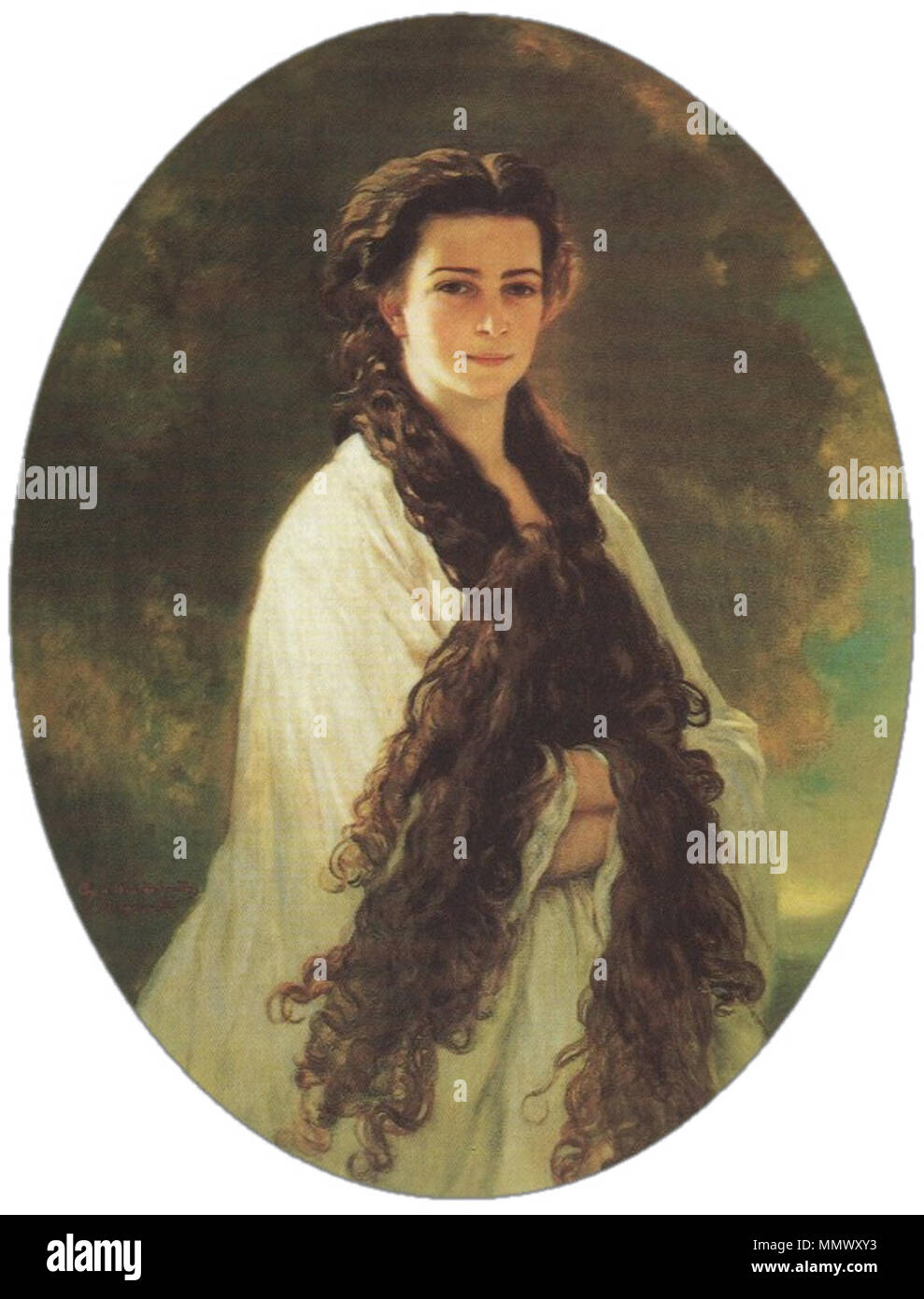 . Bildnis (Kniestück stehend, halb rechts; offenes Haar). Gemälde von Franz Xaver Winterhalter, 1864. Oval.  Elisabeth, Kaiserin von Österreich. 1864. Empress Elisabeth of Austria, 1864 Stock Photo