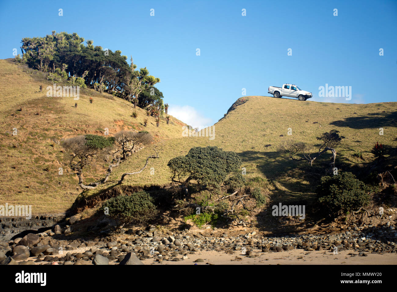 A pickup truck on top of a hill, Coffee Bay, Eastern Cape Wild Coast, South Africa Stock Photo