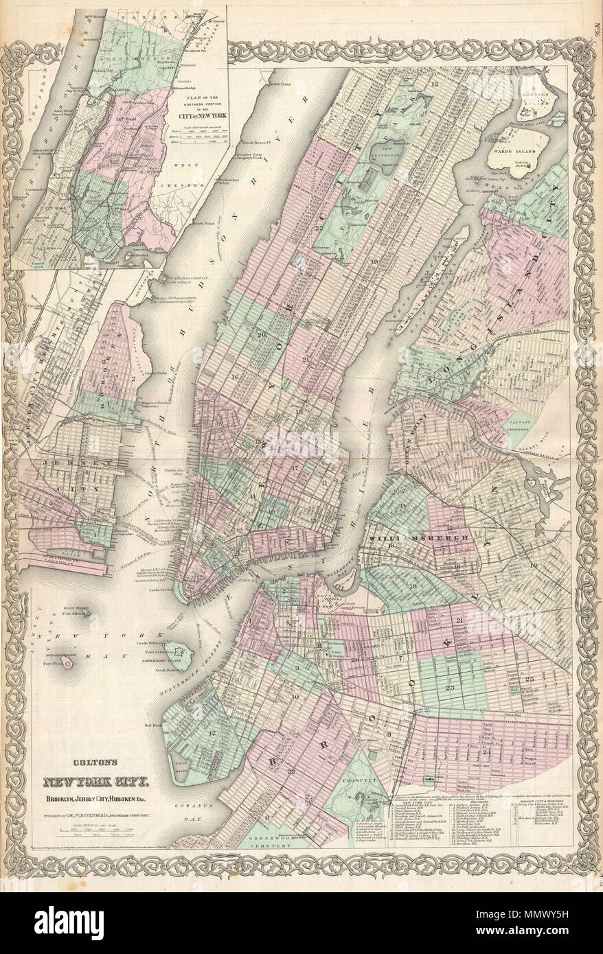 .  English: An extremely rare example of G. Woolworth Colton's 1866 vertical map of New York. This important map, based on a pocket map of the same area issued in 1865, marks a significant rethinking of the standard Manhattan map. Previous maps of New York City tended to represent only the lower parts of Manhattan (on the Burr model) or orient the city horizontally with the top of the map facing west (as in the Commissioner's Plan). With the opening of Central Park in the mid 1860s, the previously rural northern portions of the city became not only accessible, but desirable destinations. Map p Stock Photo