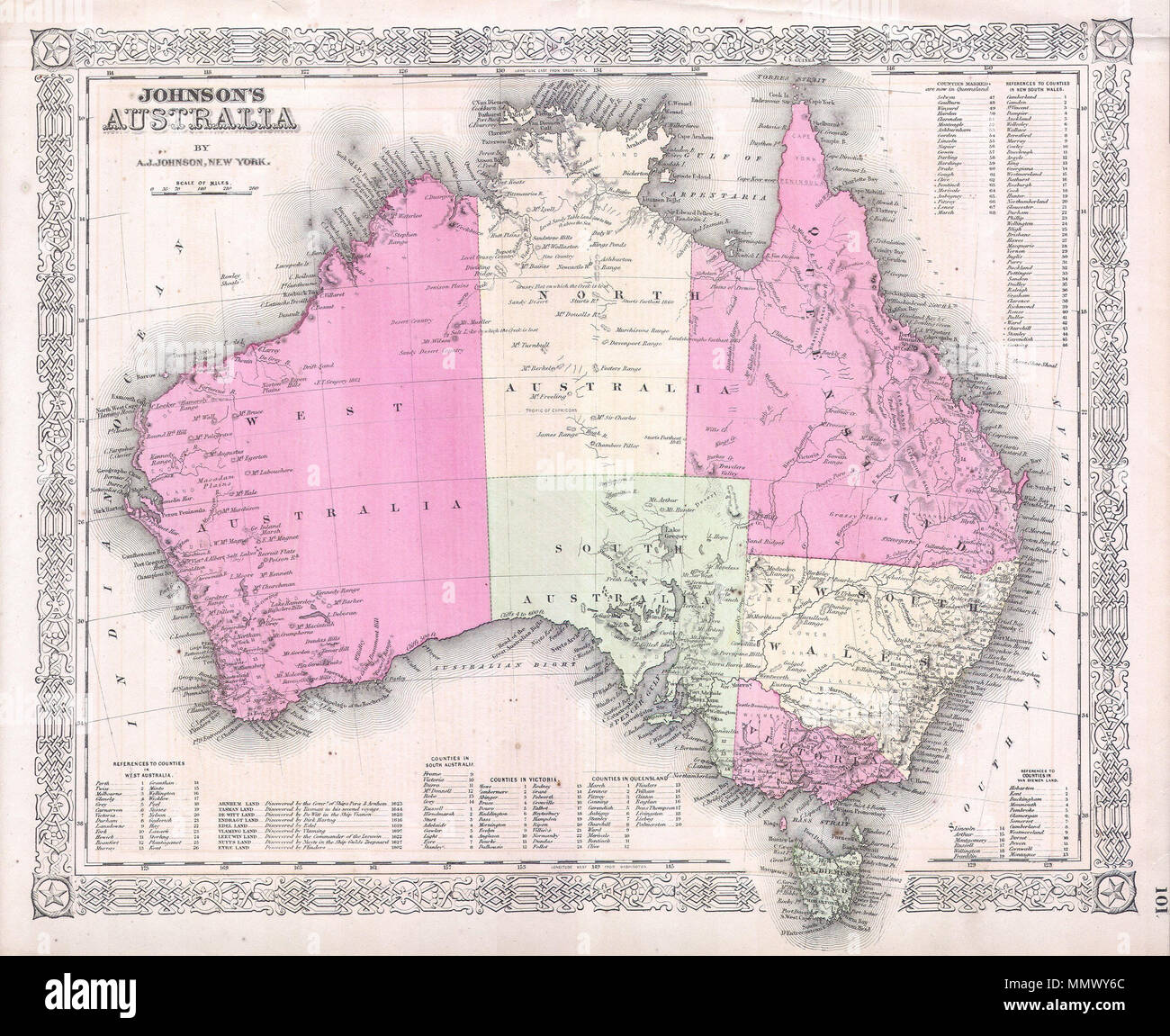 .  English: This magnificent 1865 hand colored map of Australia was published by American mapmaker A. J. Johnson. Possibly the finest mid 19th century American map of Australia ever published. Depicts the continent detailing both political and geological features – dry river beds, lost rivers, mountains, etc. Represents the third state of the Johnson’s Australia series.  Johnson’s Map of Australia. 1865. 1865 Johnson Map of Australia - Geographicus - Australia-j-65 Stock Photo