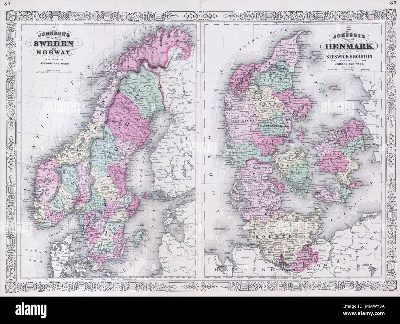 .  English: This is a magnificent 1865 hand colored map Scandinavia is divided into two parts. The left map represents Norway and Sweden. The right map depicts Denmark as well as the provinces of Sleswick & Holstein. Depicts the area in considerable detail including both political and physical geographic features. Map is dated and copyrighted, “Entered according to Act of Congress in the Year of 1865 by A. J. Johnson in the Clerk’s Office of the District Court of the United States for the Southern District of New York”.  Johnson’s Sweden and Norway. - Johnson’s Denmark with Sleswick & Holstein Stock Photo