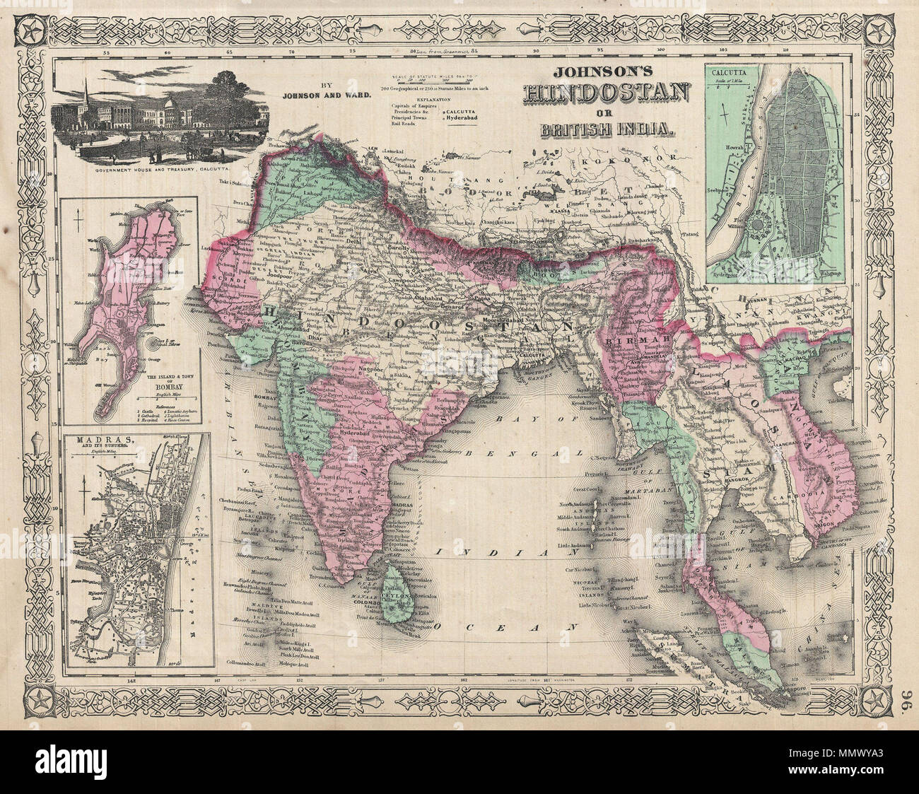 .  English: A very nice example of A. J. Johnson’s 1865 map of India and Southeast Asia. Covers from the Indus River eastward to include all of India, Burma, Siam (Thailand), Laos, Cambodia, Malaysia (Malacca) and Vietnam (Tonquin and Chochin). Also includes parts of Pakistan, Nepal, China, Bhutan, Sumatra and Ceylon (Sri Lanka). Offers color coding according to country and region as well as notations regarding roadways, cities, towns, and river systems. Three inset maps focus on the Island of Bombay (Mumbai), Madras, and Calcutta. An view of the Government House and Treasury in Calcutta adorn Stock Photo