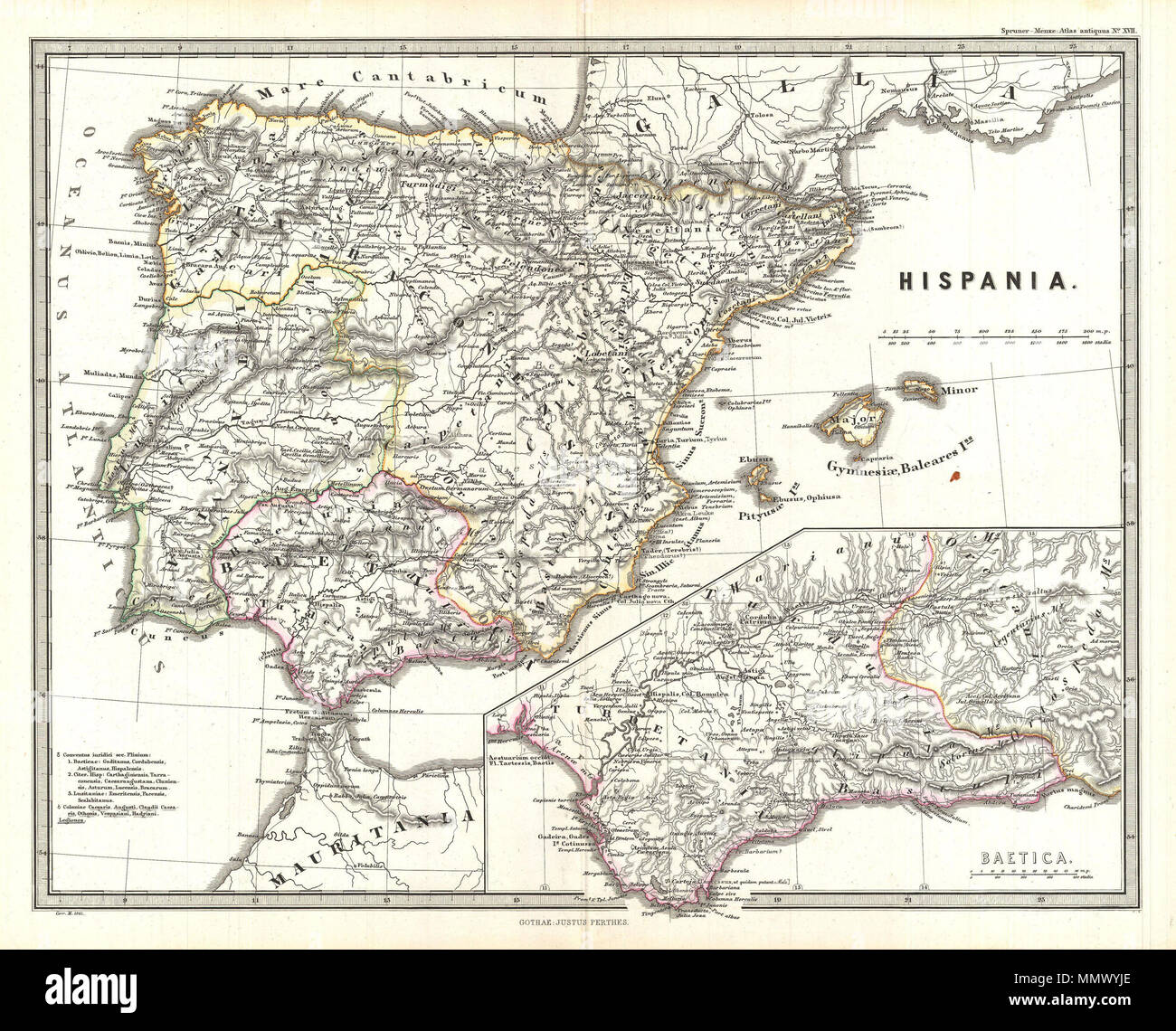 .  English: This is Karl von Spruner’s 1865 map of Hispania (modern day Spain and Portugal). Under the Roman Republic, Hispania or Iberia was divided into two provinces: Hispania Citerior and Hispania Ulterior –both of which are noted here. Later, during the Roman Principate, Hispania Ulterior was divided into two new provinces, Baetica and Lusitania, while Hispania Citerior was renamed Tarraconensis, which is illustrated on this map. Spruner also includes a detailed inset, showing Hispania Baetica (modern day Andalucía), one of three Imperial Roman provinces in Hispania, (modern Iberia). Hisp Stock Photo