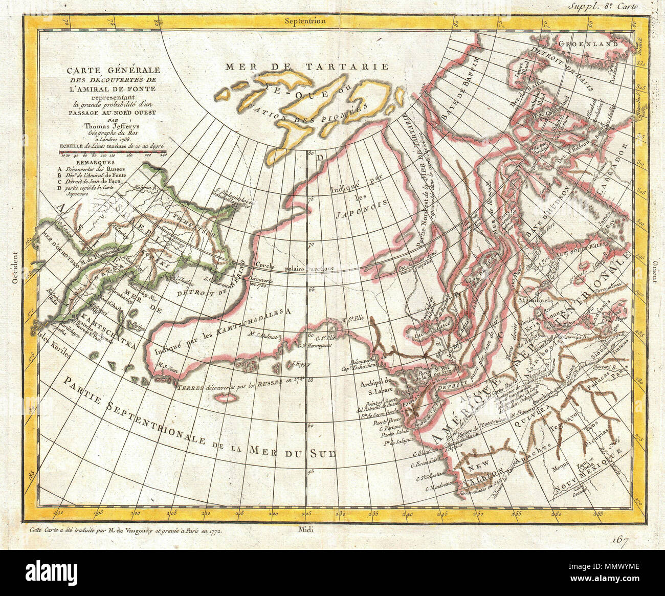.  English: A truly fascinating 1772 map of the northwestern parts of North America by Robert de Vaugondy. Essentially depicts the north eastern parts of Asia, speculations on northwestern America and Admiral De Fonte’s mythical conception of a Northwest Passage. Heavily based upon earlier work by Thomas Jefferys, Thomas Swaine Drage, Gerhard Muller, and James De Lisle. Vaugondy prepared this map prior to the voyages of James Cook to this region. Around this time Europe was rampant with speculation both regarding the existence of a Northwest Passage and the northwestern parts of America in gen Stock Photo