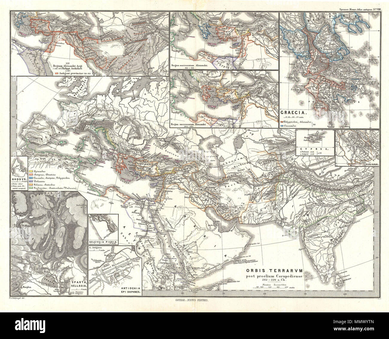 .  English: This is Karl von Spruner’s 1865 map, Orbis Terrarum post proelium Corupediense, or The World after the Battle of Corupedium. The Battle of Corupedium (also called Corupedion) is the name of the last battle of the Diadochi, the rival successors to Alexander the Great. It was fought, in 281 BC between the armies of Lysimachus and Seleucus I Nicator. This map depicts the known world at this time, from Spain in Europe at the western most point, to India in the far-east. Spruner also includes a number of detailed insets, including Greece, Cyrpus and Susiana, as well as depictions of kin Stock Photo